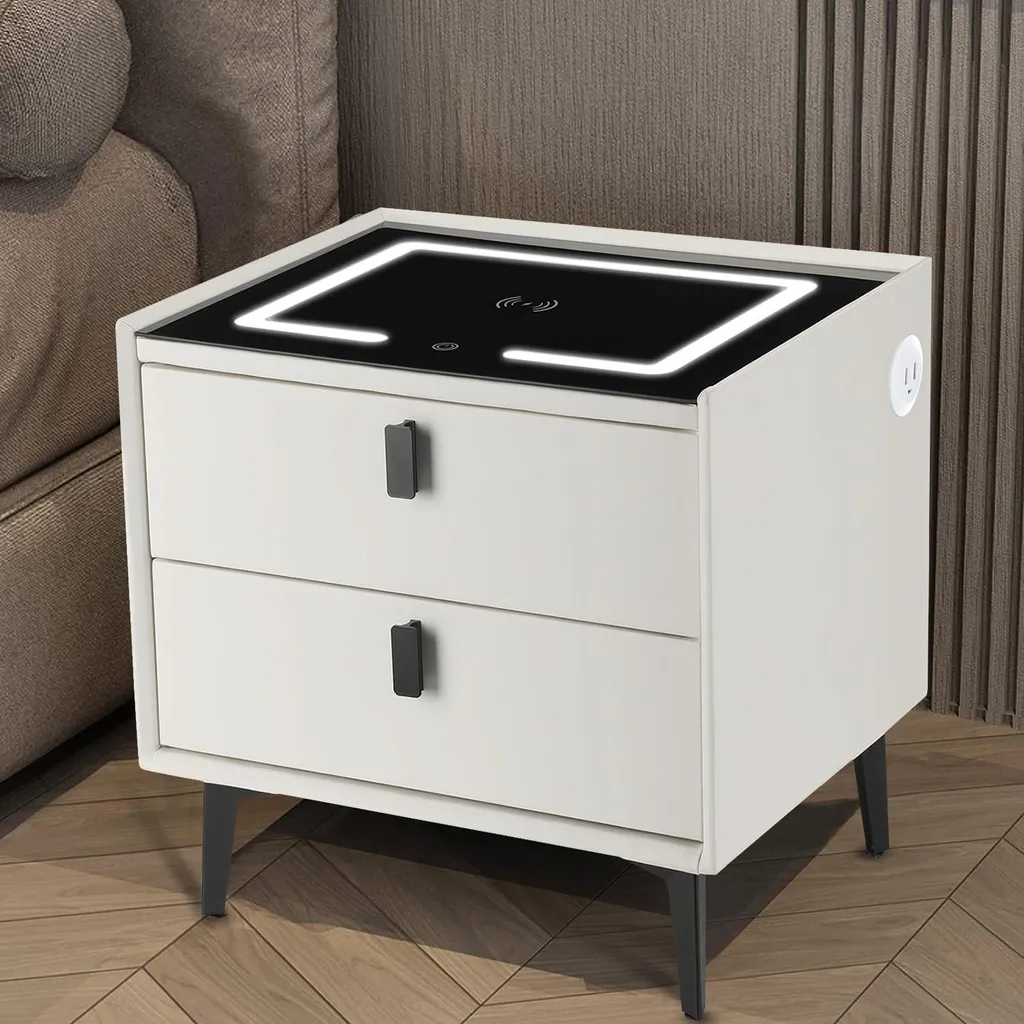 Table de nuit LED avec induction et 2 tiroirs de rangement blanc mat
