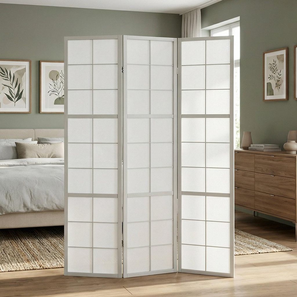 Homestyle4u Paravent Raumteiler 3 teilig Holz Grau Shoji Produktbild 