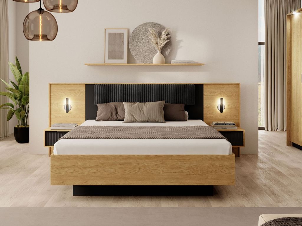 GrainGold Doppelbett Bolzano 160x200 cm - Bett 160x200, Holzbett mit Bettkasten & Holzrahmen - Bett Schwarz, Eichefarbe