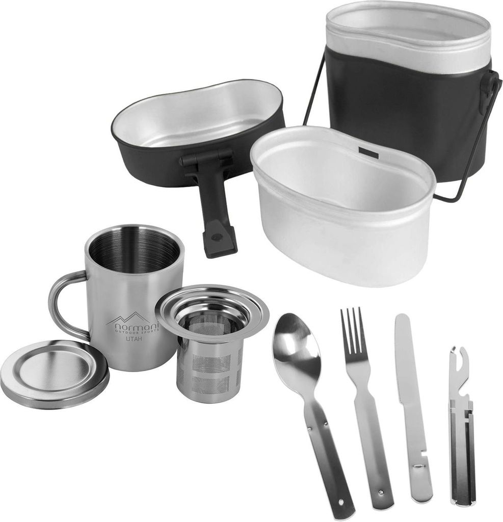 normani Aluminium-Kochgeschirr „Pennsylvania“, Tasse „Utah“, Teesieb „Delaware“, Essbesteck „Kalifornien“