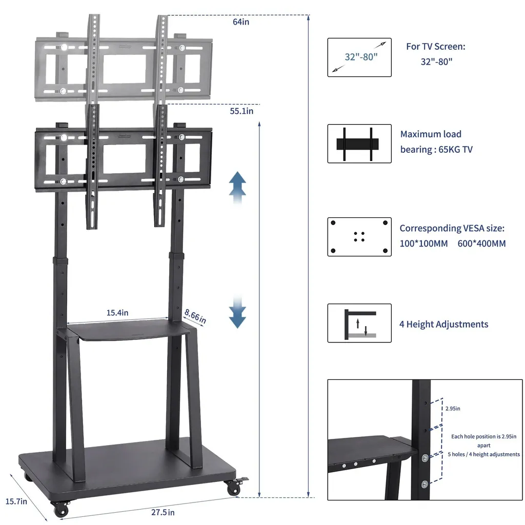 Support TV réglable en hauteur avec roues - Structure Acier Noir Robuste - 4