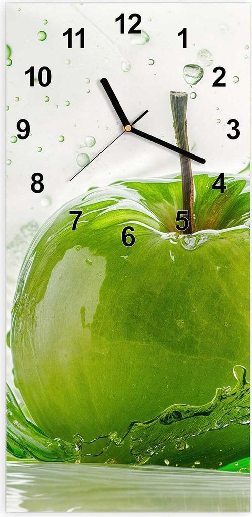 Wanduhr aus Glas mit Motiv Splash Apfel- 30 x 60 cm - inkl. Aufhängesystem