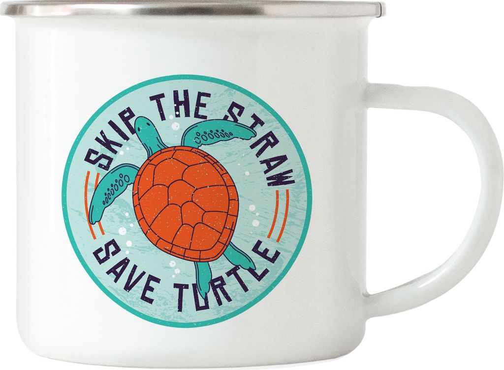 Skip The Straw Save Turtle Emaille Tasse Strohhalm Plastik Schildkröte Meere Ozean Natur Umwelt