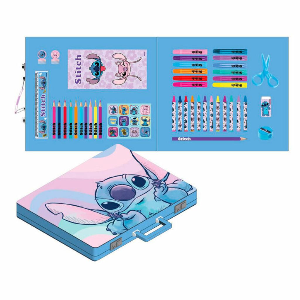 A flat lay of a Disney Stitch themed stationery set, with the case open to reveal contents, and the closed case shown below.