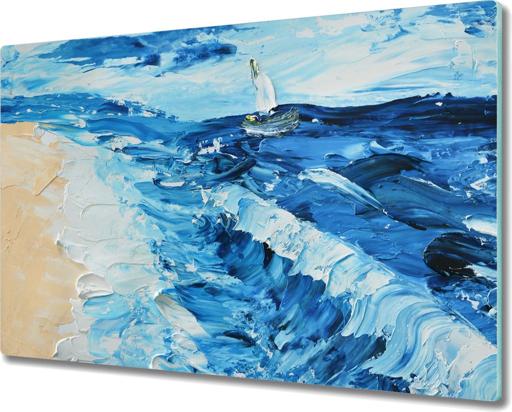 Coloray Kochplattenabdeckung Herdabdeckplatte 80x52 cm Hackbrett Schneidebrett Küchenbrett - Malerei Küste Seeboot