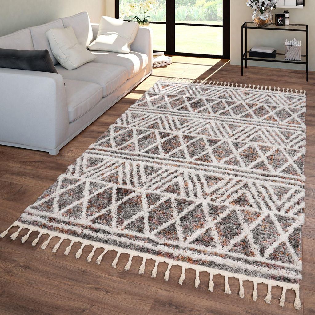 TT Home Wohnzimmer Schlafzimmer Teppich Hochflor Fransen Produktbild 