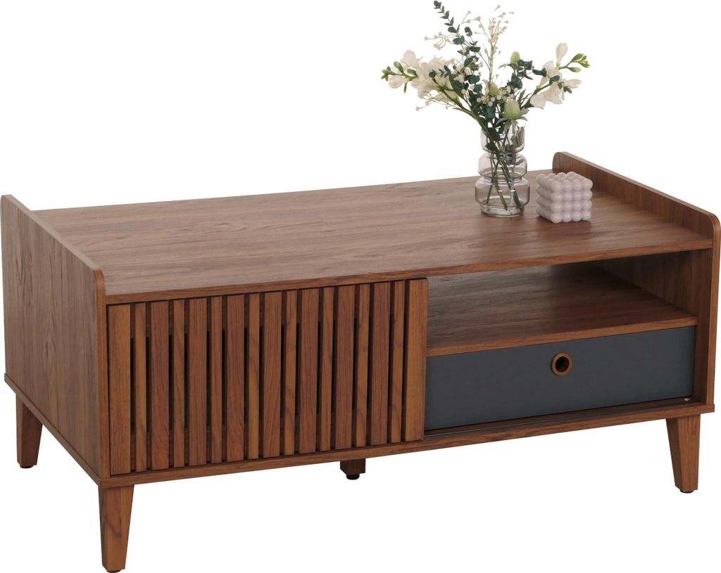Couchtisch HWC-M48, Wohnzimmertisch Tisch Sofatisch, 52x114x59cm Walnuss-Optik, Schublade dunkelgrau