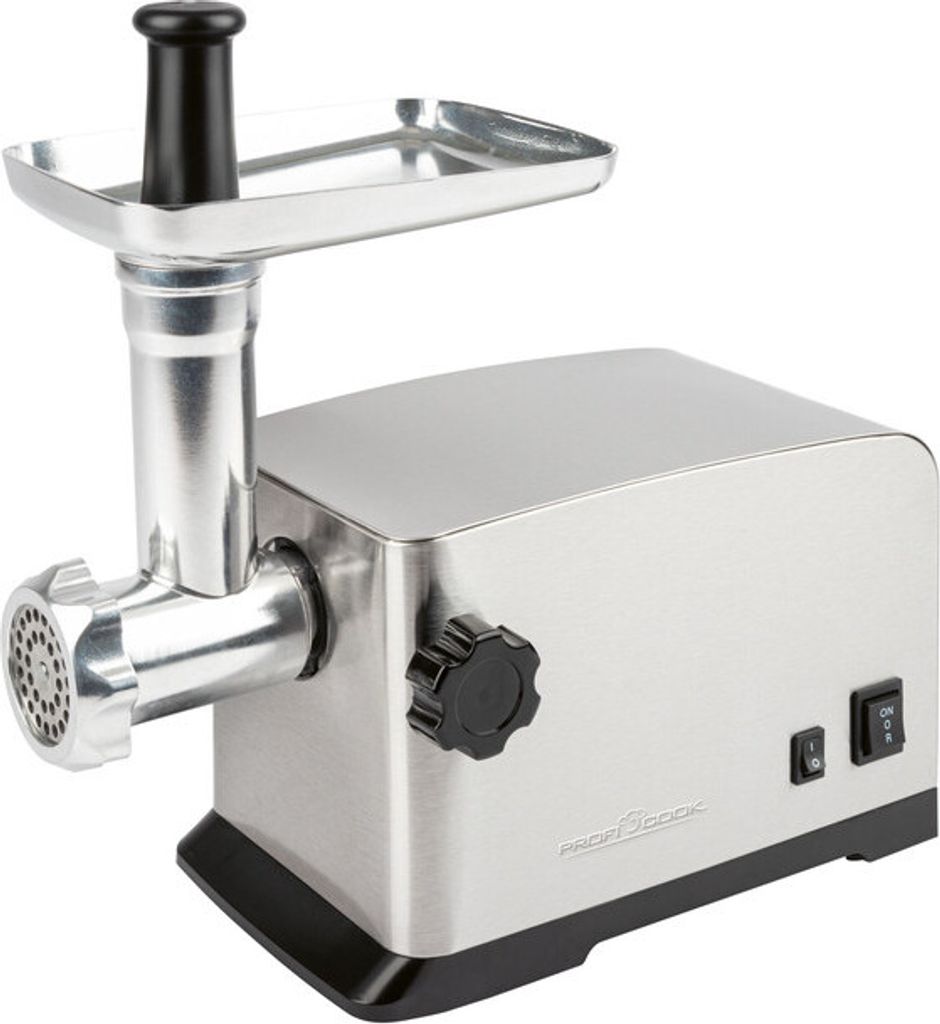 A stainless steel electric meat grinder with a black handle and knobs, shown on a white background.