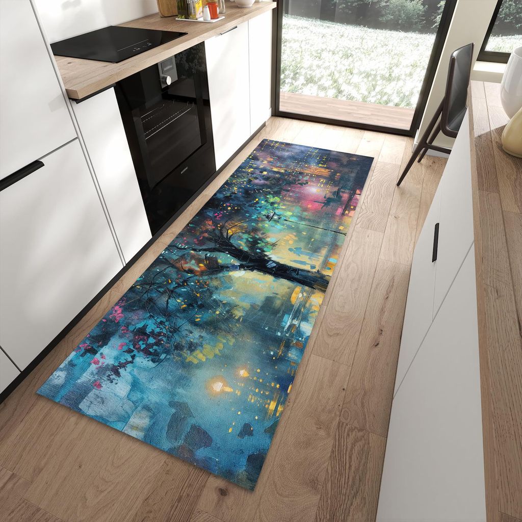 Küchenteppich 90x240cm rutschfest & abwischbar PVC Läufer - Regen in der Stadt
