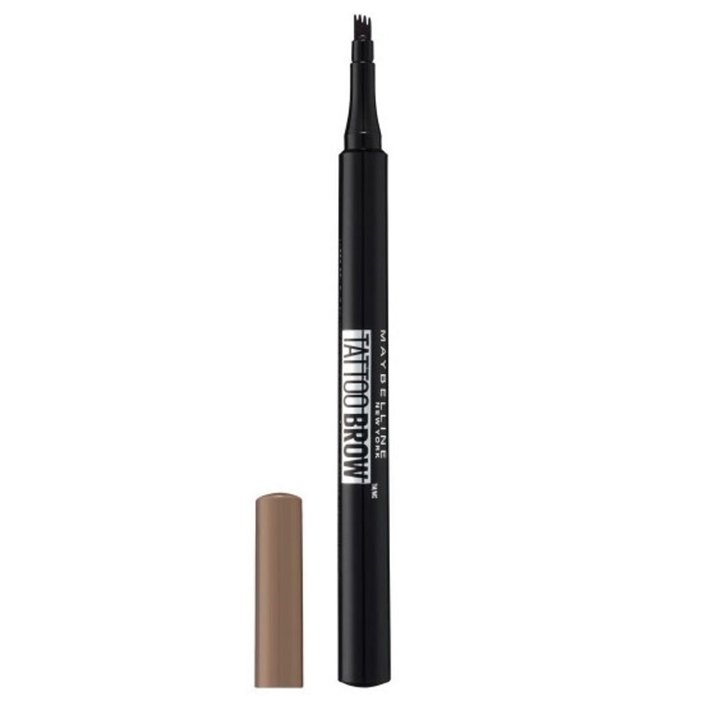 A Maybelline Brow Tattoo Micro Pen Augenbrauenstift in Soft Brown is shown against a white background. The cap is detached and placed next to the pen.