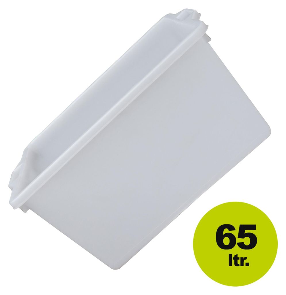A white plastic container, possibly a bin or tub, is shown against a white background. A green circular overlay in the bottom right corner displays the text '65 ltr.'.