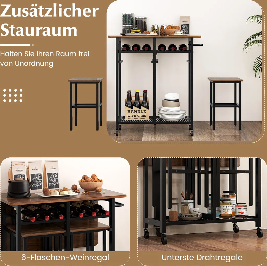 Table de Cuisine Pliable avec 2 Tabourets et Casier à Vin Intégré Noir