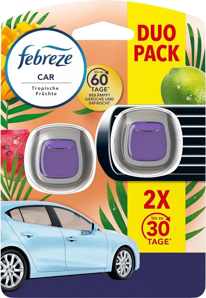 Diffuseur Febreze Car Fruits Tropicaux 2 ml Intensité Réglable Pack x2