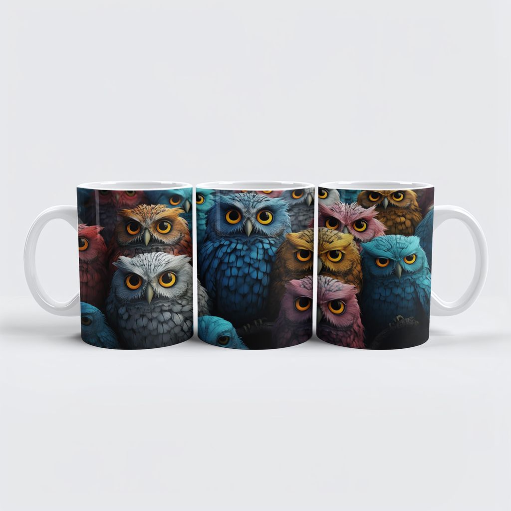raxxa Premium-Tasse "Gruppenbild mit farbenfrohen Eulen"