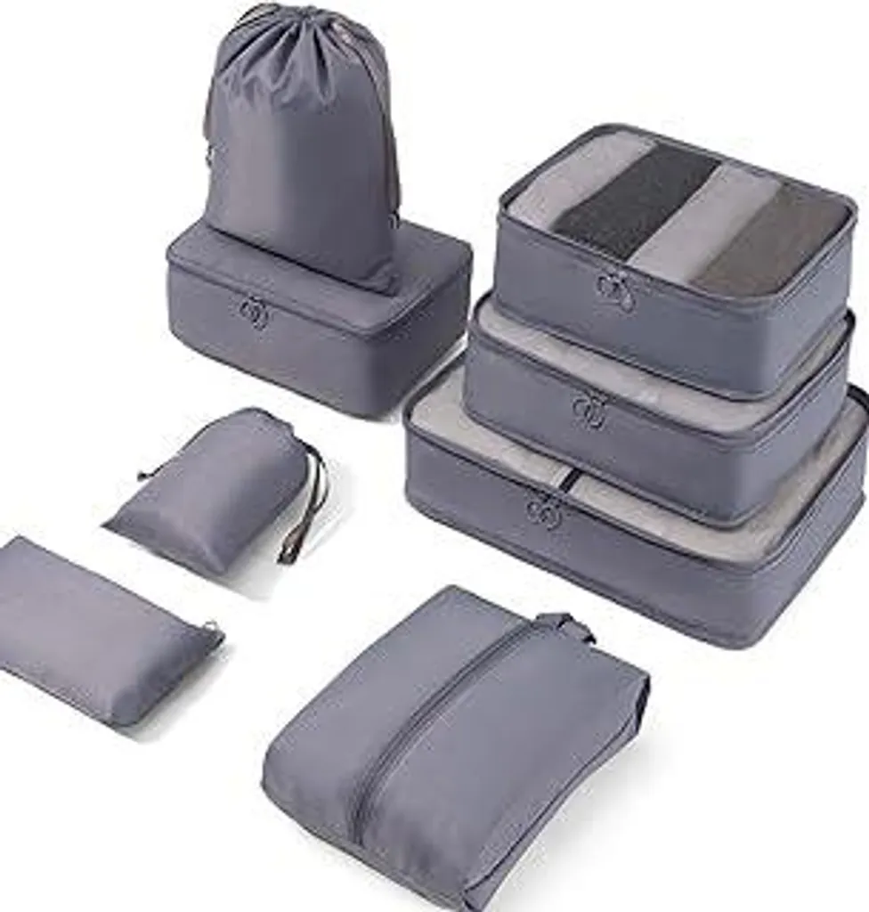 Meowoo Set di 8 organizer per valigie, cubi da viaggio, cubi per vacanze e lavoro, organizer da viaggio con sacchetti per abiti, sacchetti per riporre i bagagli, sistema di organizzazione per valigie (grigio)