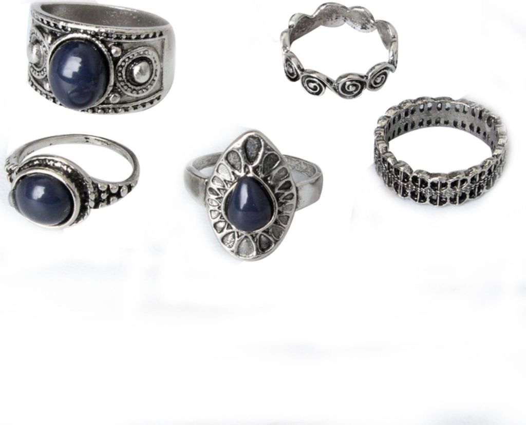 5 Teile/satz Bohemian Vintage Blau Stein Legierung Finger Ring Frauen Charming Schmuck-Antikes Silber