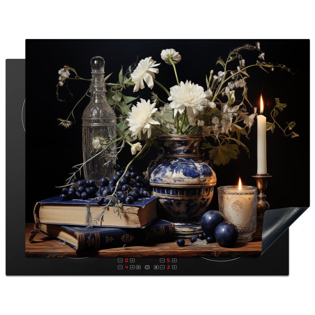 KitchenYeah Herdabdeckplatte Stilleben - Blumen - Kerzen - Delfter Blau - Weiß , 77x59cm, Küche Deko, Glaskeramikkochfeld Herdabdeckung, Abdeck...
