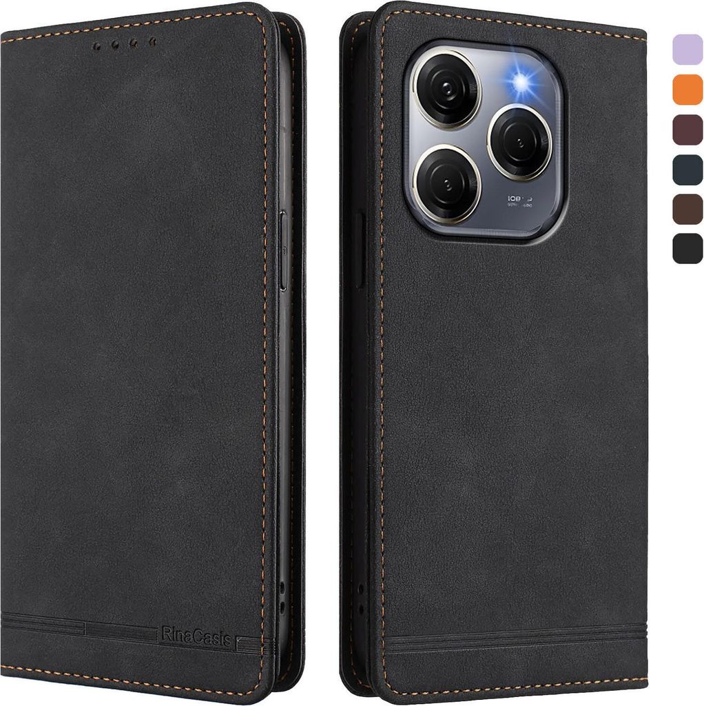 Hülle für Tecno Spark 20 Pro 5G, Retro Kunstleder Ständer Klapphülle mit Kartenfächer und Magnetische Schwarz