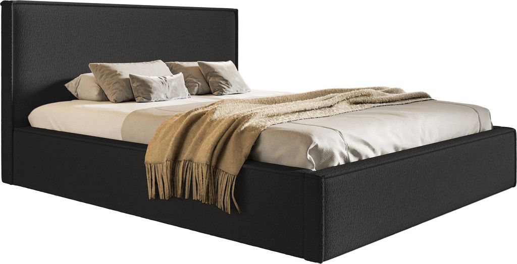 Doppelbett mit Bettkasten 140x200 Kyoto - Lattenrost, Kopfteil, Bouclé stoff, Schwarz