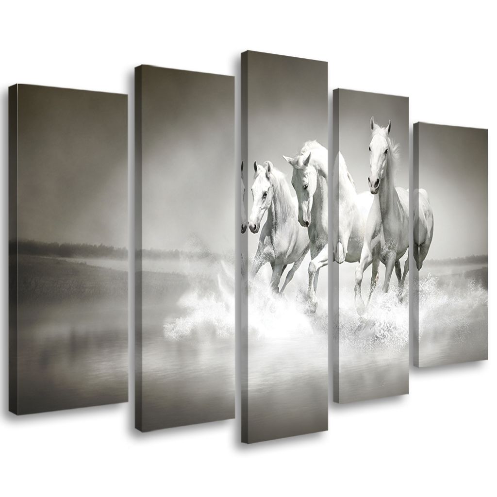 5-teiliges leinwandbild weiße pferde im galopp 200x100 cm Feeby weiß wandbild bereit zum aufhängen