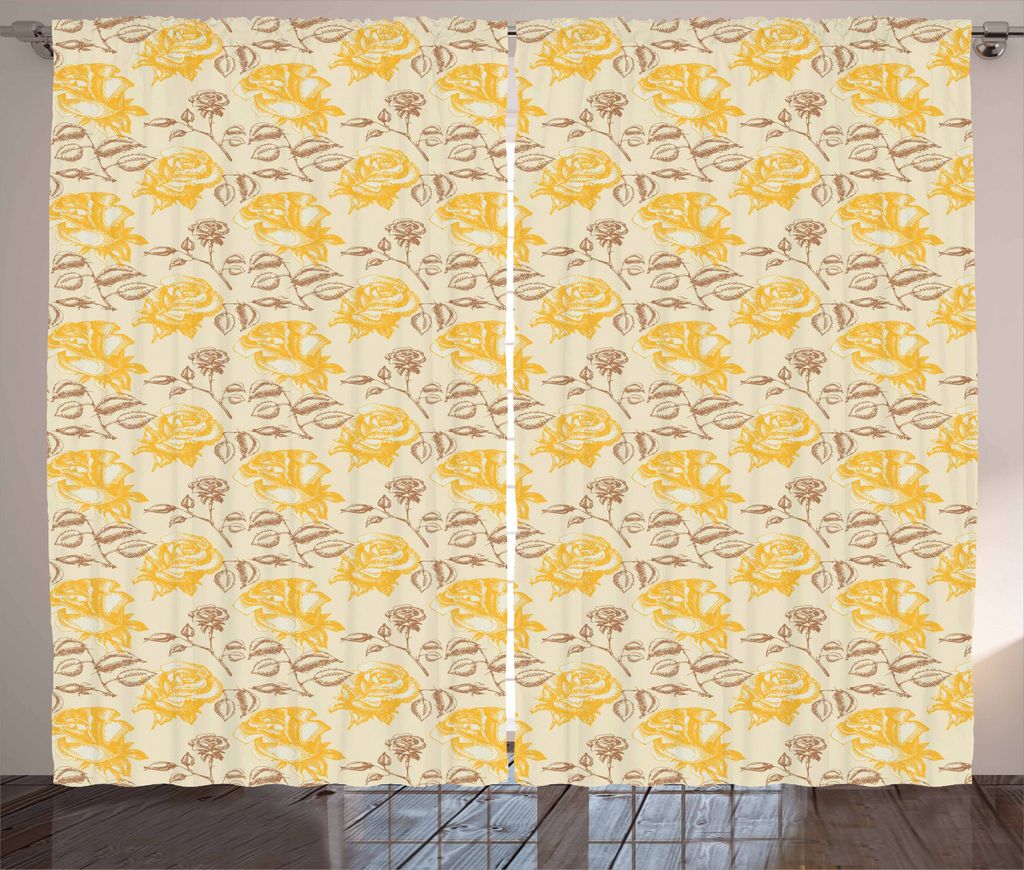 ABAKUHAUS Weinlese-Gelb Rustikaler Gardine, Romantische Rosen, Schlafzimmer Kräuselband Vorhang mit Schlaufen und Haken, 280 x 225 cm, Gelb Beige ...