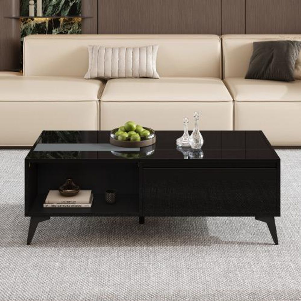 Moderner Schwarzer Hochglanz-Couchtisch 110x50x48cm Multifunktional Hoehenverstellbar Klappbar Esstisch Wohnzimmermoebel Partikelholz