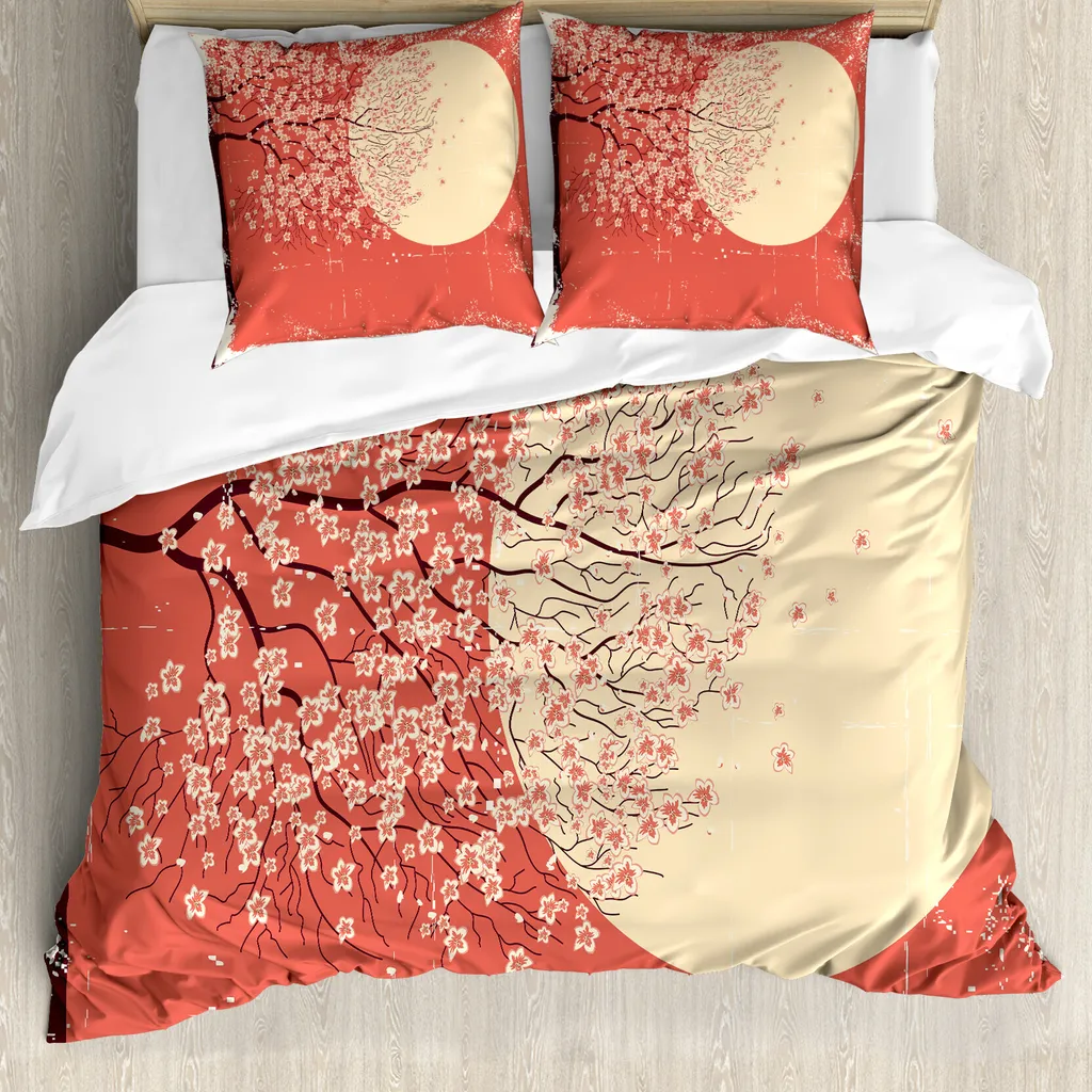 ABAKUHAUS Copripiumino primavera, fiori di ciliegio Sakura, antiacaro, adatto a chi soffre di allergie, con federe, 155 cm x 220 cm - 80 x 80 cm, Coral Pale Yellow Plum