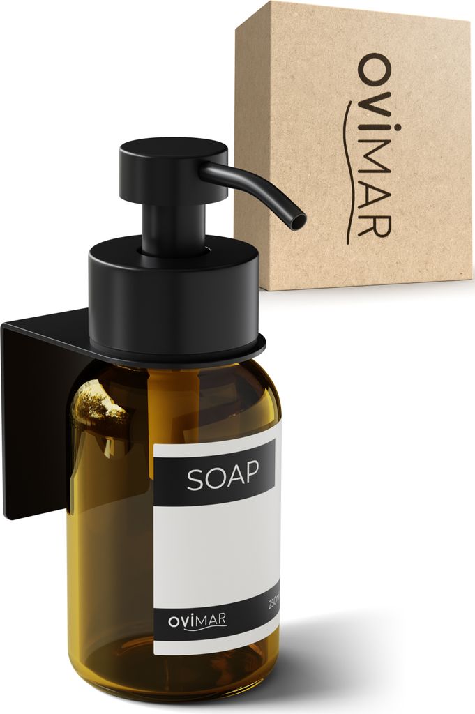 ovimar Glas Seifenspender Stord schwarz | Edelstahl Pumpkopf und Wandhalterung | ohne Bohren zum Kleben mit 3M | 250ml Braunglas Apothekerglas