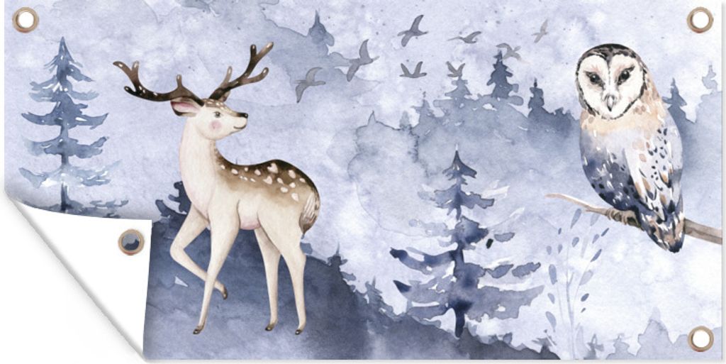 MuchoWow 60x30 cm Outdoor-Poster Gartendeko Sichtschutz Garten Poster für den Garten Winter - Rotwild - Eule