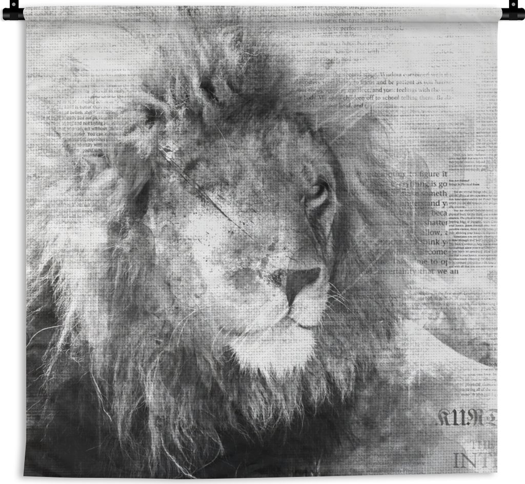 MuchoWow Wandteppich Wandbehang Löwe - Zeitung - Schwarz - Weiß 150x150 cm Tapisserie Dekoration Wandtuch - Wohnaccessoires - Modernes