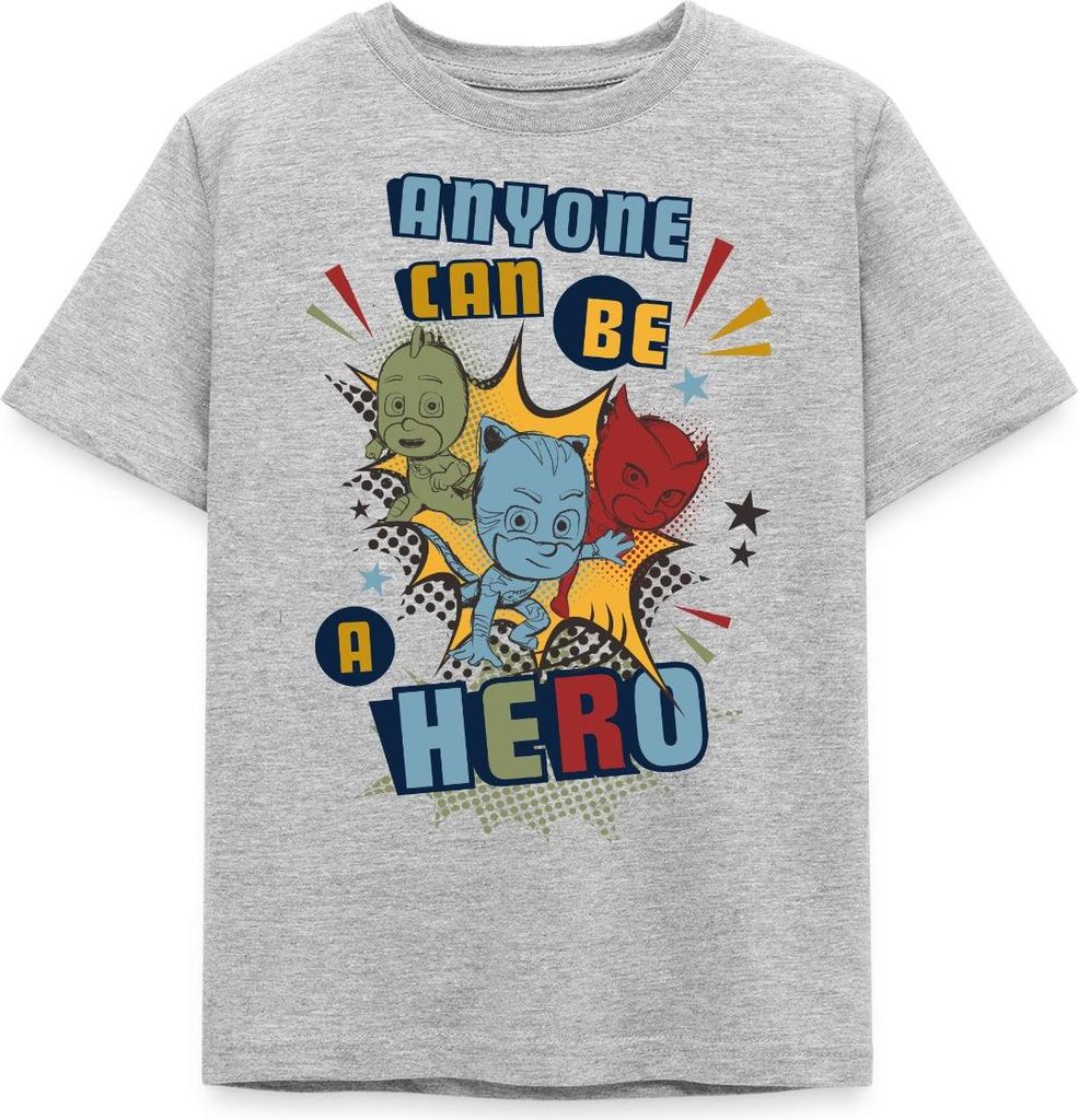 Spreadshirt PJ Masks Anyone Can Be Hero Pyjamahelden Kinder T-Shirt, 122/128 (7-8 Jahre), Grau meliert