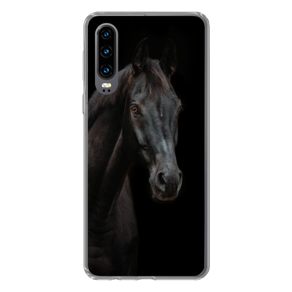MuchoWow Handyhülle Schutzhülle Hülle für Huawei P30 Pferd - Nutztier - Schwarz Silikon Softcase Handy Hülle - Kartenbesitzer