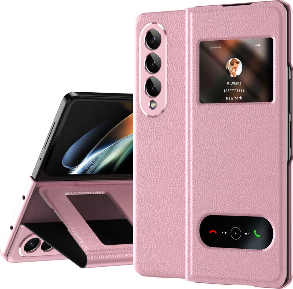 Galaxy Z Fold4 Hülle, Schlank Flip Leder View-Fenster Schutzhülle mit Standfunktion für Samsung Galaxy Z Fold 4 5G Litschi Pink