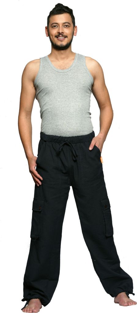Simandra Cargo-Hose aus Baumwolle - Arbeitshose im Cargo-Stil mit Gummibund - Hose mit vielen Taschen - Freizeithose mit geradem Bein, schwarz XXL