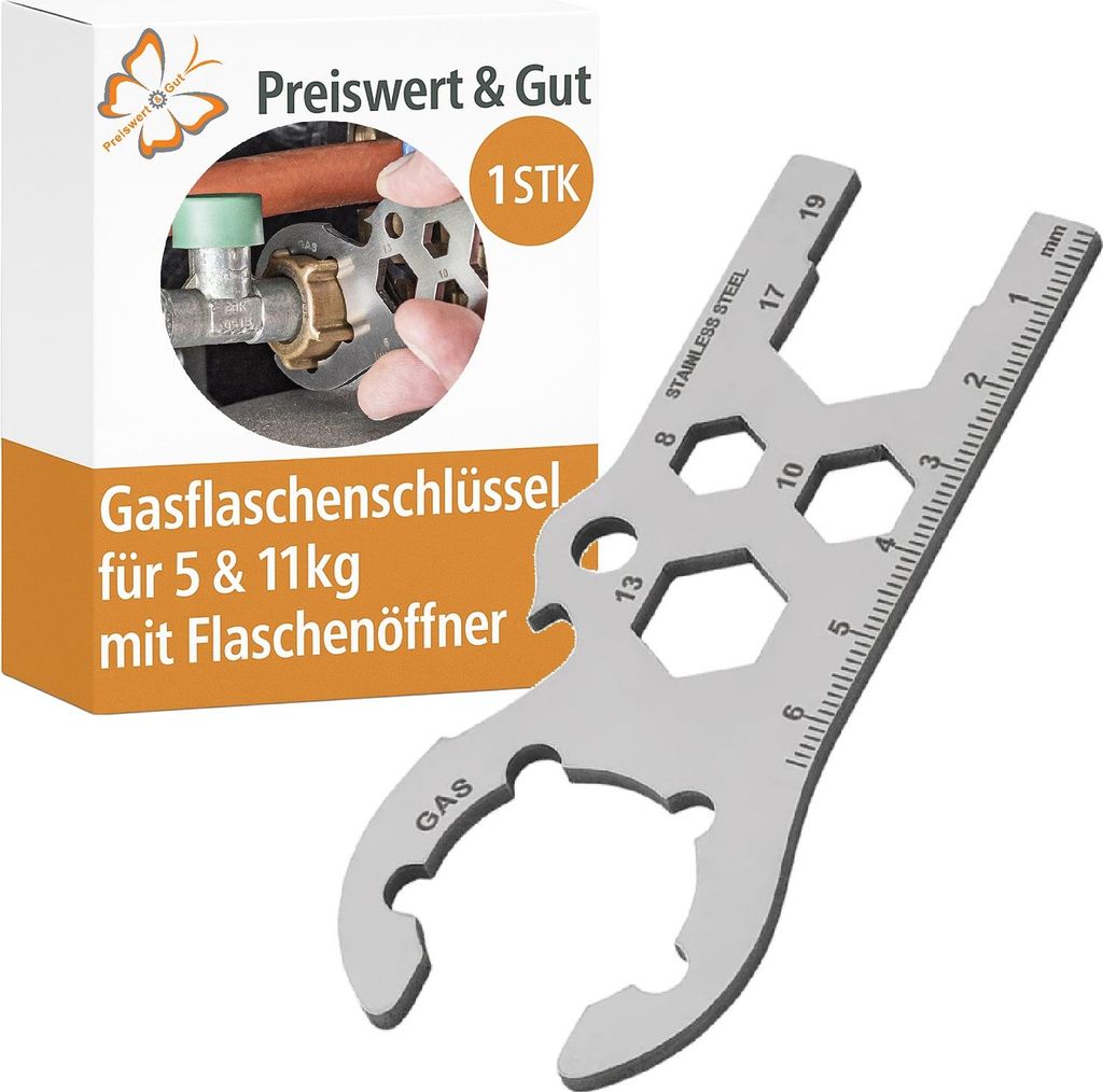 Gasflaschenschlüssel Edelstahl Multifunktionsschlüssel für 5 und 11 kg Gasflaschen als Gasregler Werkzeug für Camping Wohnwagen