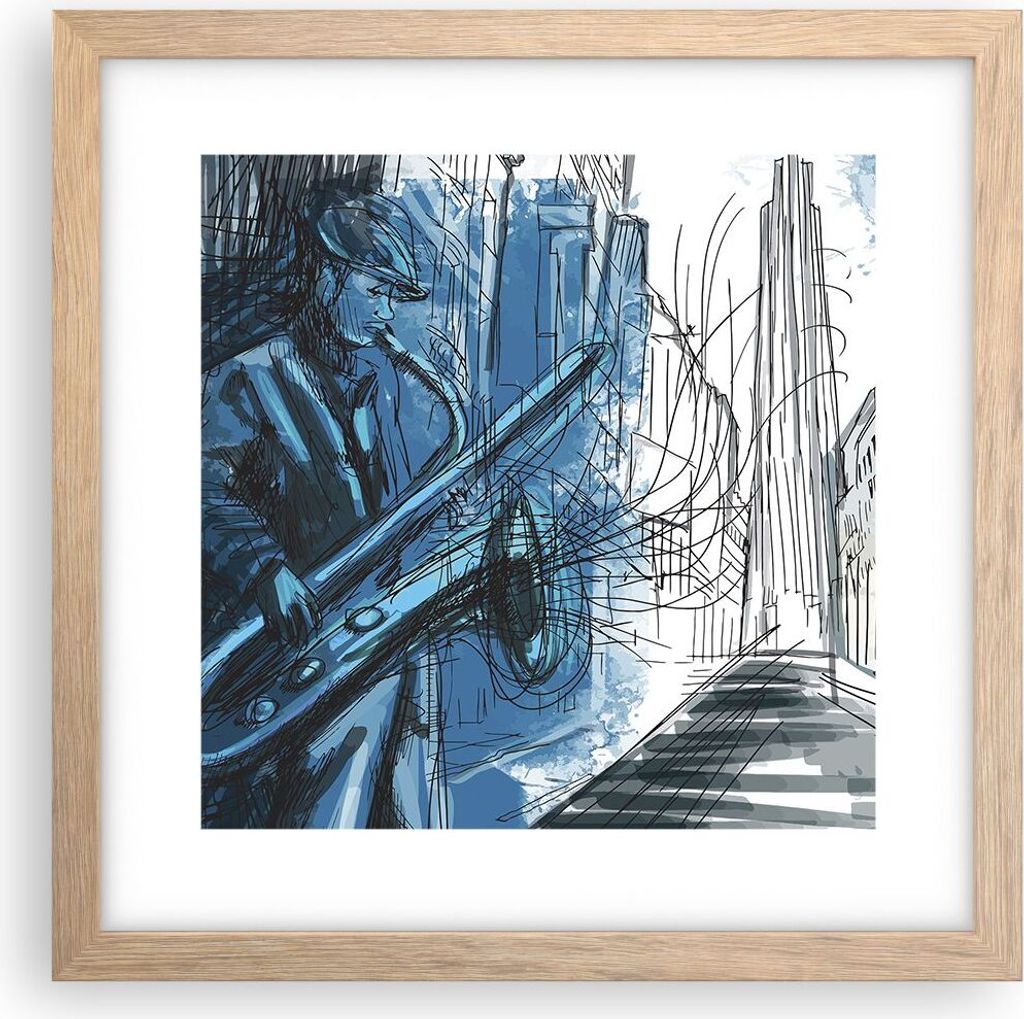 Gerahmtes Poster - Rahmen in heller Eiche - Saxophon Musiker Zeichnen - 30x30 cm - Wand Bild - Wanddeko - Wandbilder - Wandposter - Bilderrahmen - ...