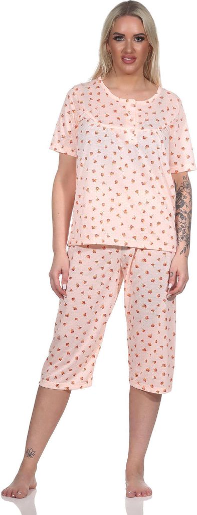 Damen Pyjama 3/4 Hose & Shirt mit Blumenmuster; Aprikose/XL/42