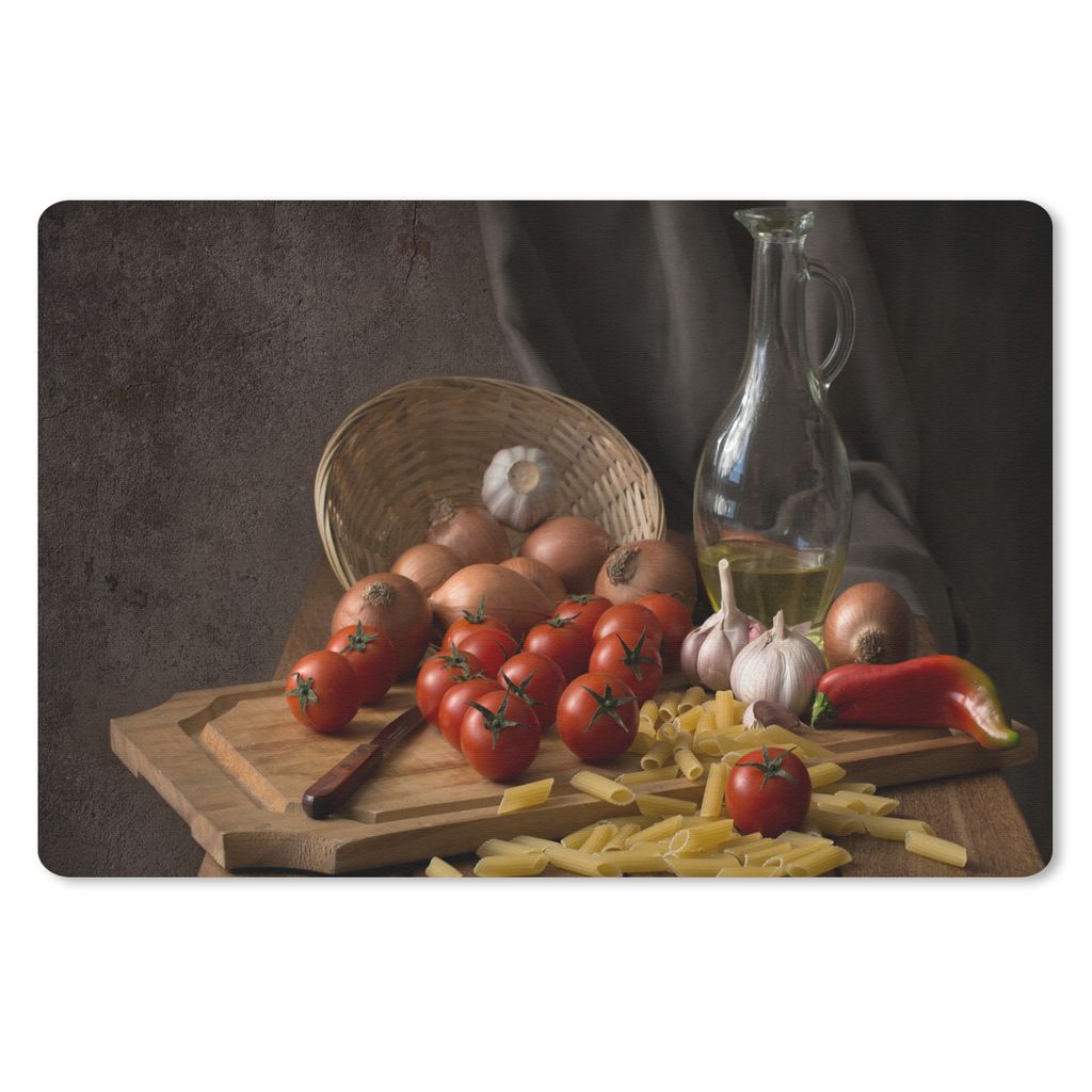MuchoWow Schreibtischunterlage Schneidebrett - Gemüse - Stillleben - Pasta - Aus - Tomate - Schneidebrett 60x40 cm - XXL Mauspad - Großes Mauspad