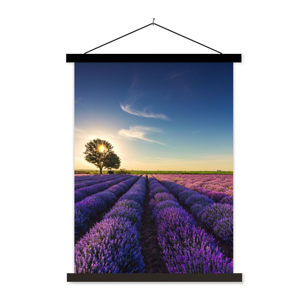 MuchoWow Textilposter Lavendel - Sonne - Baum - Blumen - Lila 40x53 cm mit schwarzem Rahmen - Abbildung