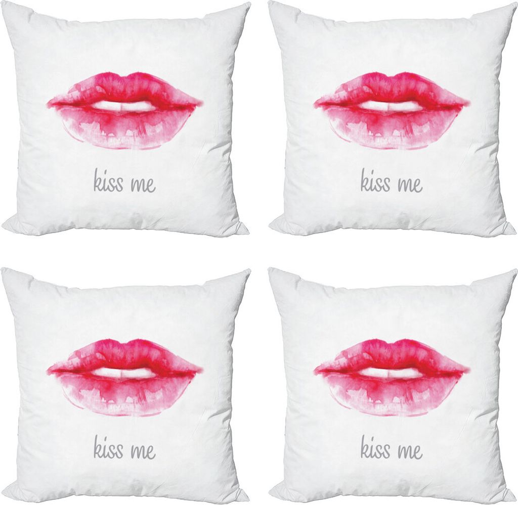 ABAKUHAUS Kuss Kissenbezug Set (4 Stück), Rosa Lippenstift Kiss Me, Moderner Doppelseitiger Digitaldruck, 50 cm x 50 cm, Pale Grau Pink