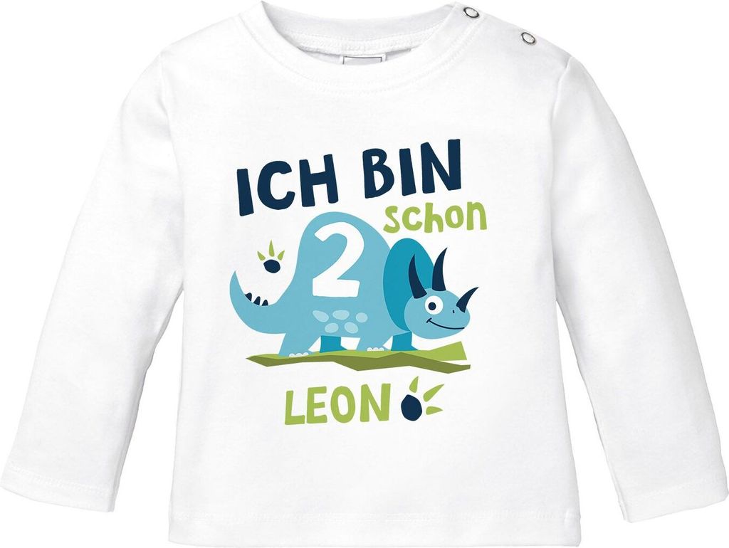 Baby Langarm-Shirt mit Namen und Zahl 1 / 2 Geschenk zum Geburtstag Dinosaurier Dino für Jungen SpecialMe 2 Jahre weiß 80/86 (10-15 Monate)