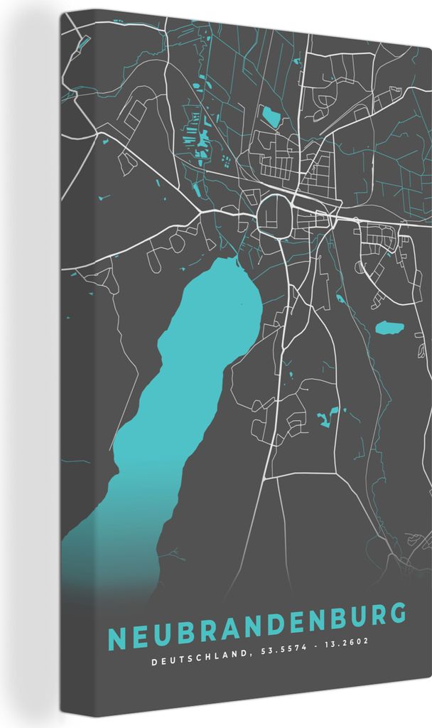 OneMillionCanvasses - Leinwandbilder - 90x140 cm, Deutschland - Blau - Neubrandenburg - Stadtplan - Karte, Wandbilder Kunstdruck Wanddekoration -...