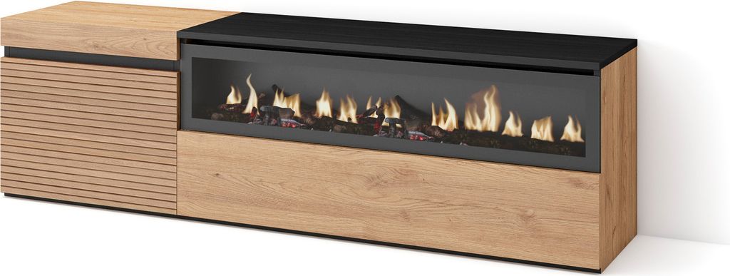 TV-Schrank, Lowboard, 150x35x45cm, Für TV-Geräte bis zu 65", Elektrokamin. , Eiche