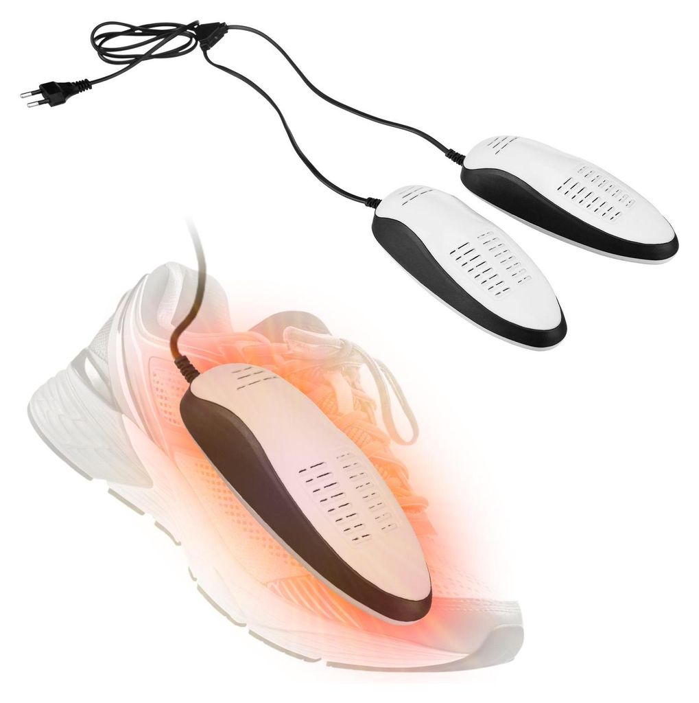 A pair of shoe dryers is shown, with one dryer inserted into a shoe, emitting a red glow.