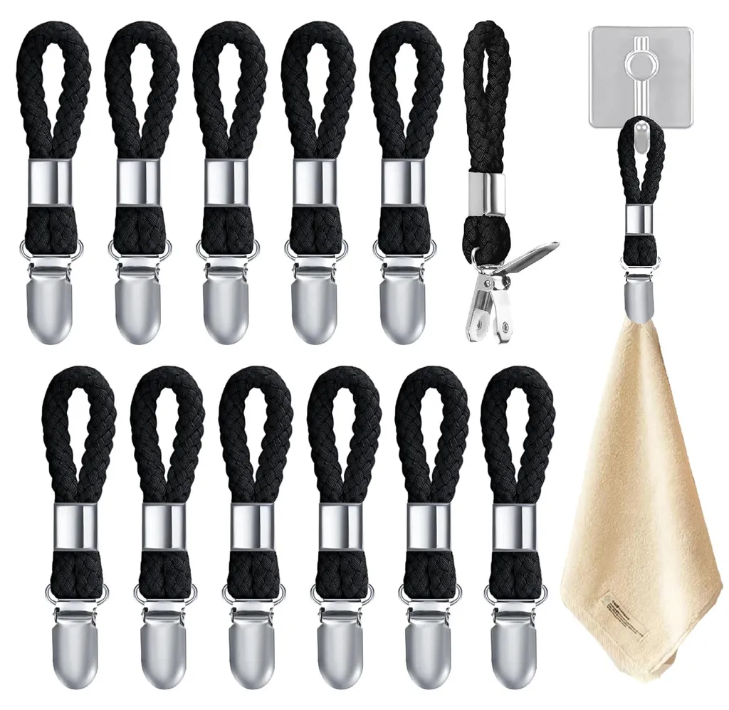 Fixation serviette sans boucle : lot de 12 pinces à suspendre noires pro
