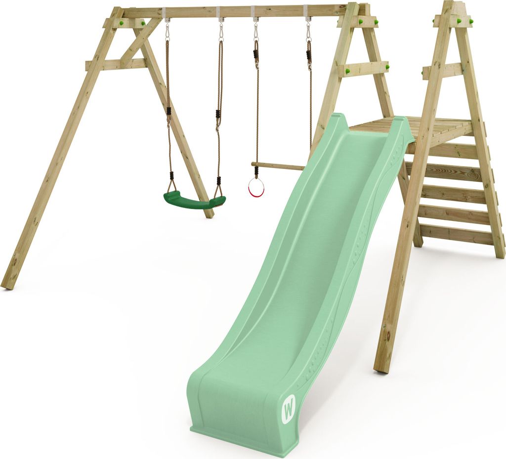 WICKEY Kinderschaukel Schaukelgestell Smart Dash mit Rutsche Schaukel, Schaukelgerüst, Doppelschaukel, Holzschaukel – pastellgrün
