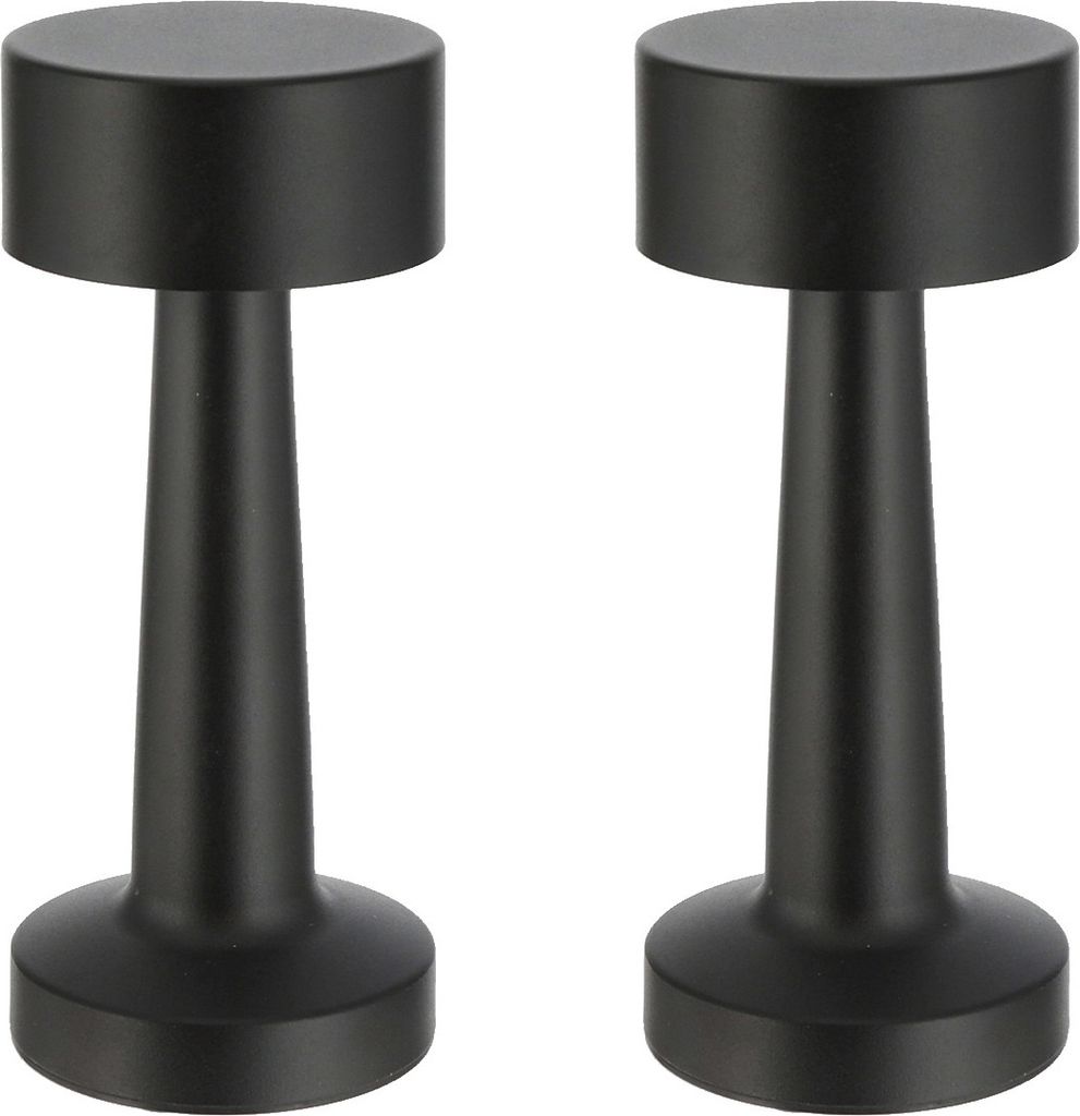 Two black metal table lamps with a conical base and a cylindrical top, presented against a white background.