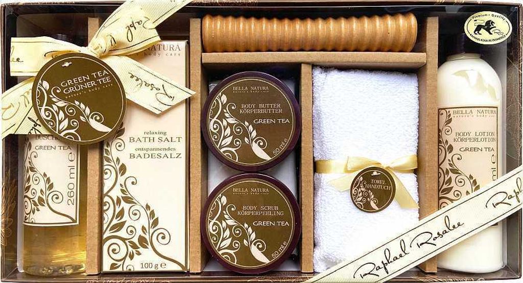 RAPHAEL ROSALEE COSMETICS Bade- und Pflegeset Bella Natura No. 129 (7-teilig) mit grünem Tee – Badegeschenkset mit Massageroller, Handtuch, Köp...