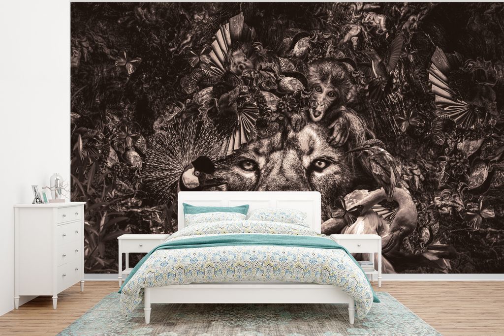 MuchoWow Fototapete für Wohnzimmer oder Schlafzimmer Wandtapete Vinyl Motivtapete Wilde Tiere - Afrika - Schwarz - Weiß - 295x220 cm - Wand Tapete