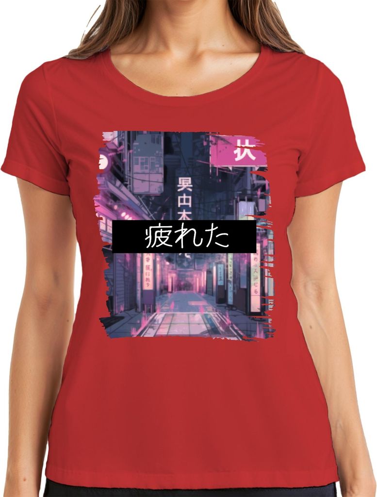 疲れた Japan Kanji Neon Cyberpunk Anime Ästhetik Tokio Retro Straße Damen T-Shirt, Rot, S